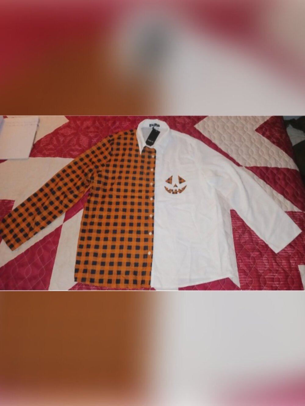 Sheilay Halloween Button Down Shirt Orange Black Plaid Jack O Lantern XXL NWT